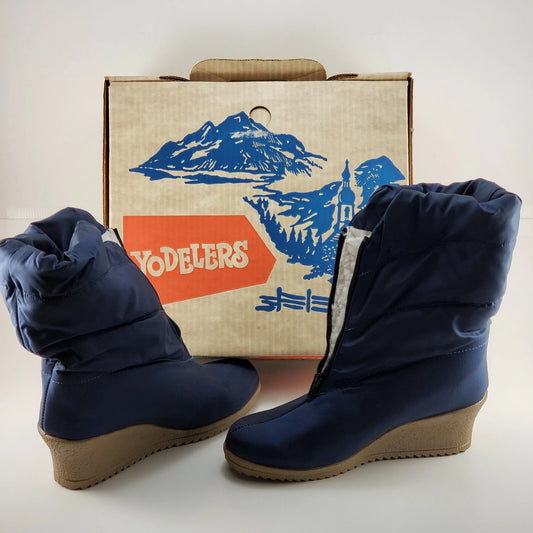 Yodelers Navy Puff Zip Boots Sz 9.5B W1234 Faux Fur Mid Calf Wedge Heel