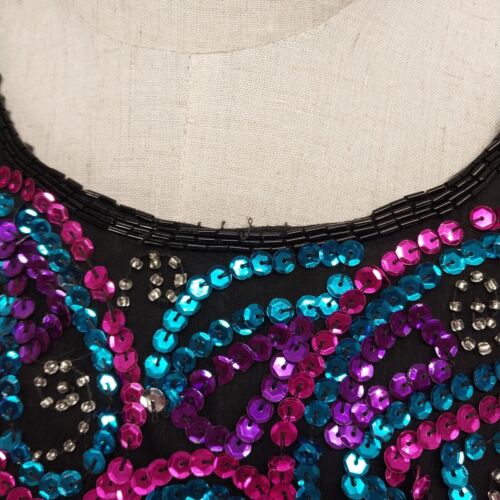 Mark & John Silk Sequined Beaded Top Size L Blue Pink Purple Short Sleeve AS IS