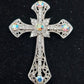Silvertone Iridescent Rhinestone Filigree Cross Brooch Pendant Religious Jewelry
