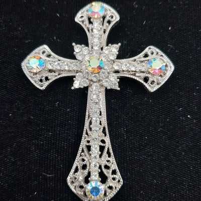 Silvertone Iridescent Rhinestone Filigree Cross Brooch Pendant Religious Jewelry