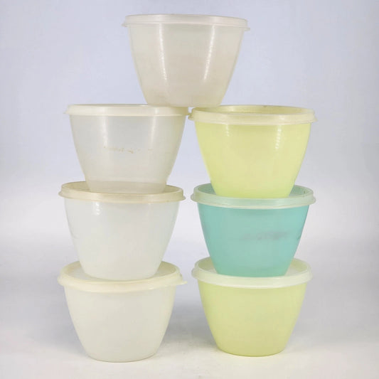 7 Tupperware 148 Round Refrigerator Containers w Lids Clear Pastel 3" Vintage