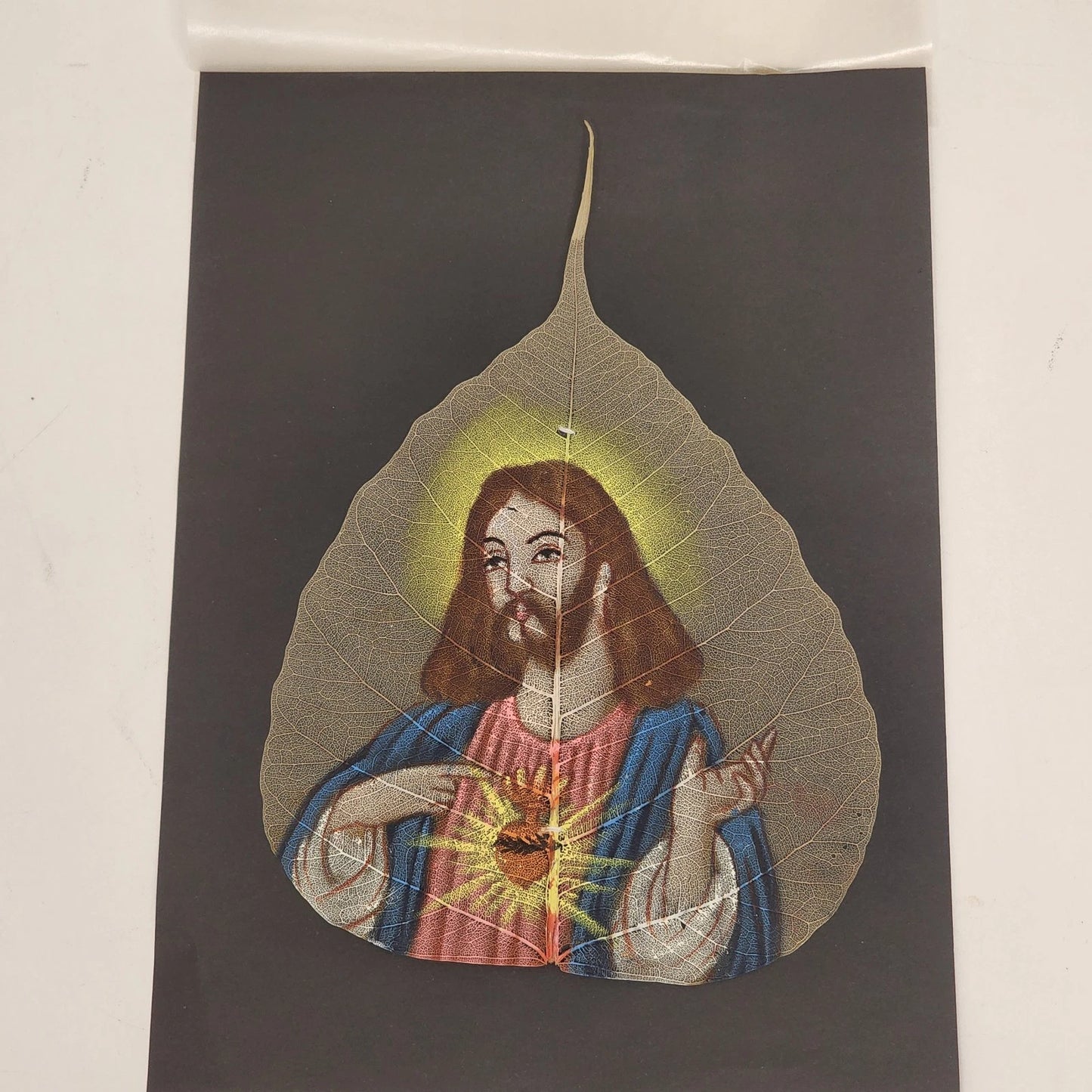 Sacred Heart of Jesus Peepal Leaf Painting Hand Painted Skeleton 6.5" Unframed