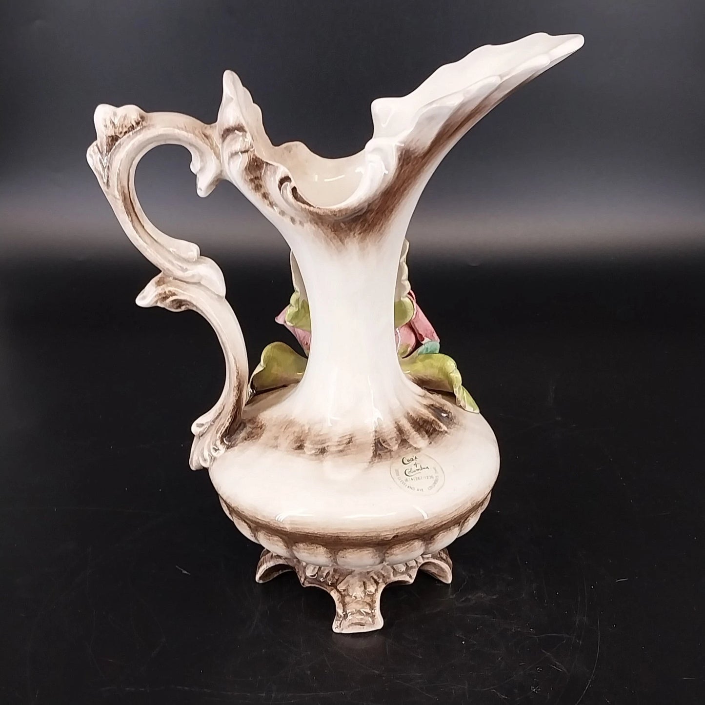 Capodimonte Italy Ceramic Pitcher Vase Pink Roses Ornate Porcelain Vintage
