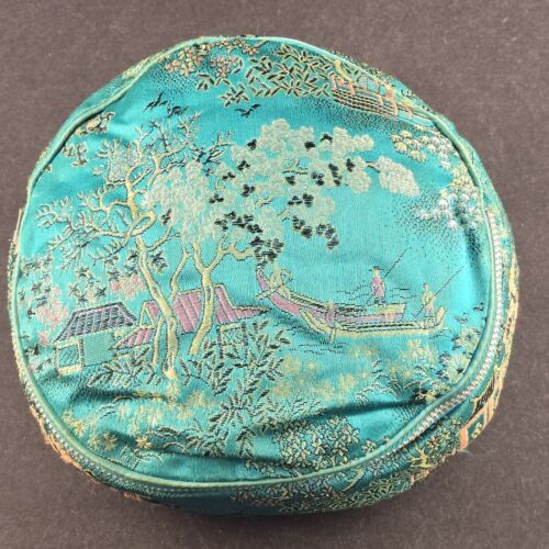 Blue Green Jewelry Bag Padded Satin Oriental Scenes Travel Clutch Zipper 6" x 2"