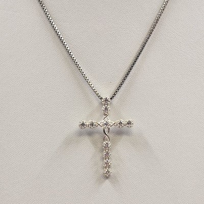 Silver Tone Box Chain with Crystal Clear Rhinestone Cross Pendant 11.5" Necklace
