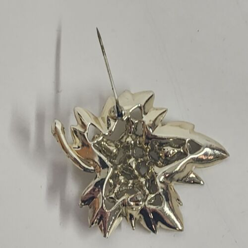 Gold Tone Leaf Brooch with Clear Rhinestones Brushed Finish 1.5" x 2" Vintage