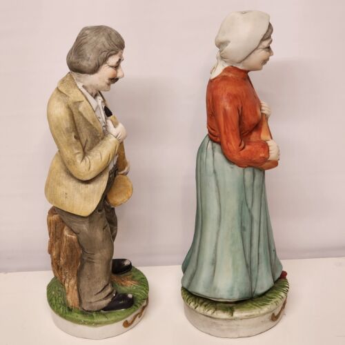 2 Flambro Folk Musicians 12” Porcelain Figurines Man and Woman with Instruments