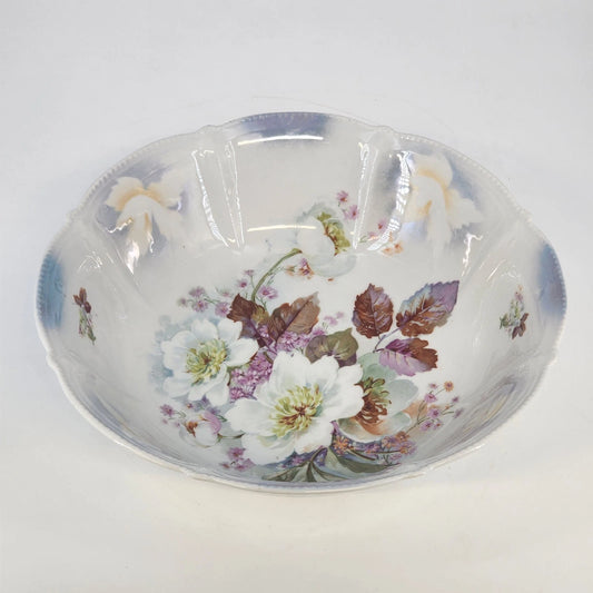 German Transferware Serving Bowl Roses Floral Scalloped Beaded Rim 10.5" Antique