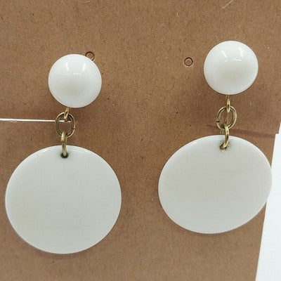 Gold Tone with White Round Disc Plastic Dangle Drop Clip On Earrings