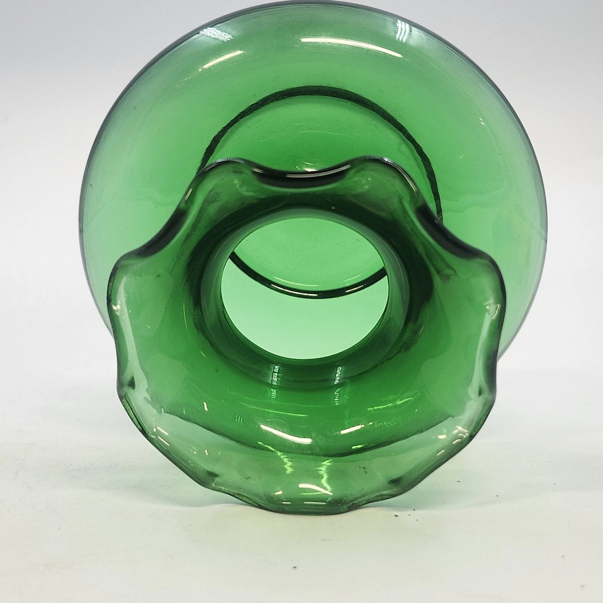 Squat Vase Transparent Emerald Green Art Glass 3.5" Ruffled Crimped Wide Rim Vtg