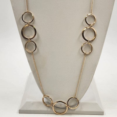 Gold Tone Curb Link Chain w Round Gilded Circle Open Loops Pendant 20" Necklace