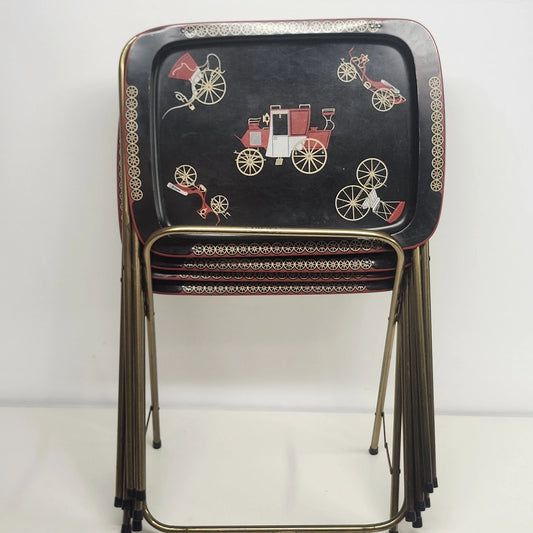 4 Cal-Dak TV Trays Carriage & Stagecoach Black Folding with Stand Vintage