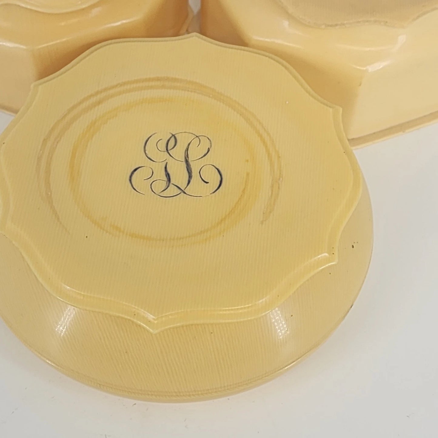 Antique 3pc Celluloid Vanity Set Art Deco French Cream Tan Powder Hair Receiver