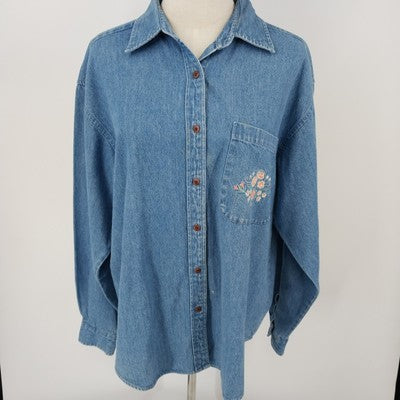 Hunt Club Denim Shirt L Women's Floral Embroidered Pocket Long Sleeve Cotton