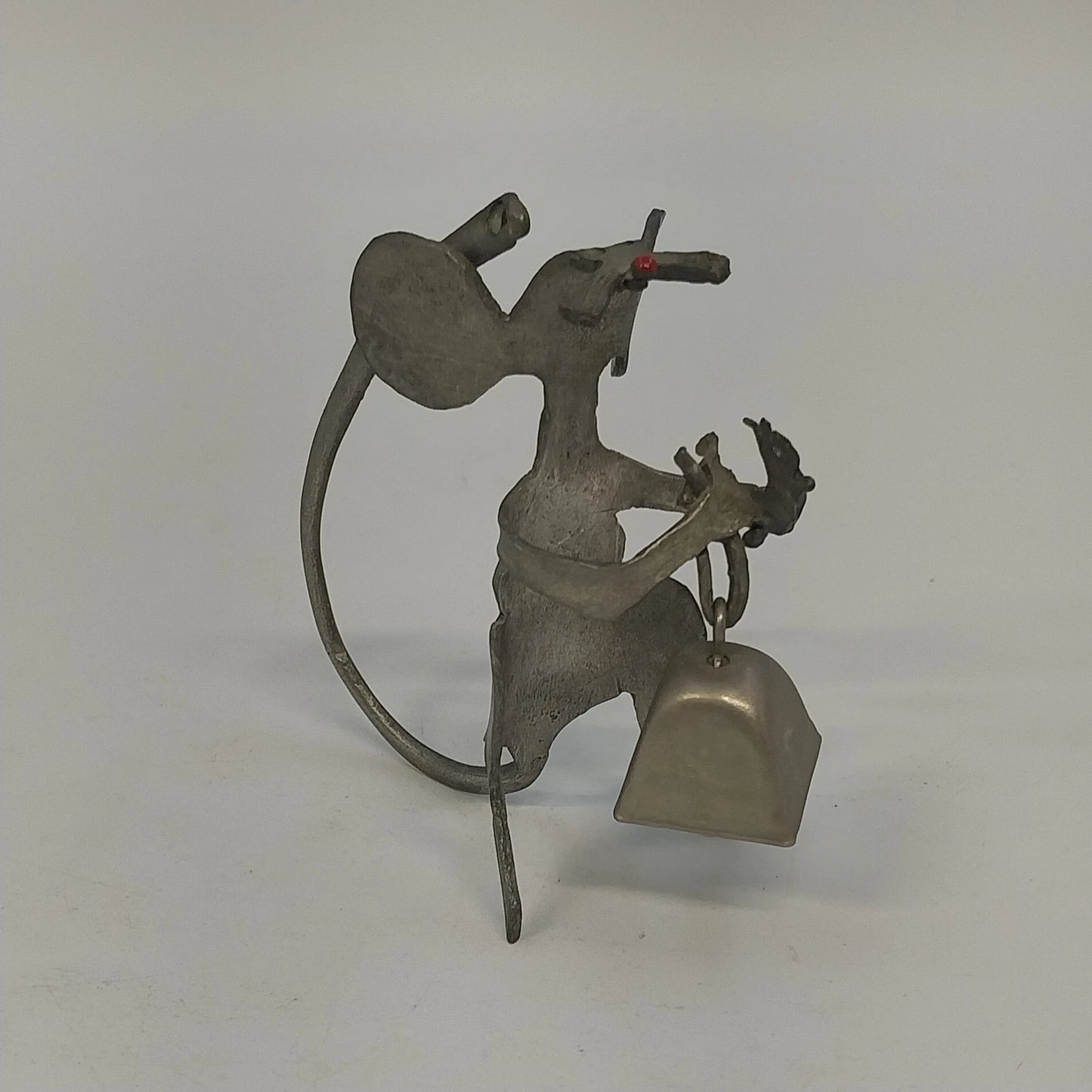 Zemtek Pewter Mouse Holding Bell Figurine Red Nose 3" Collectible Metal Ornament