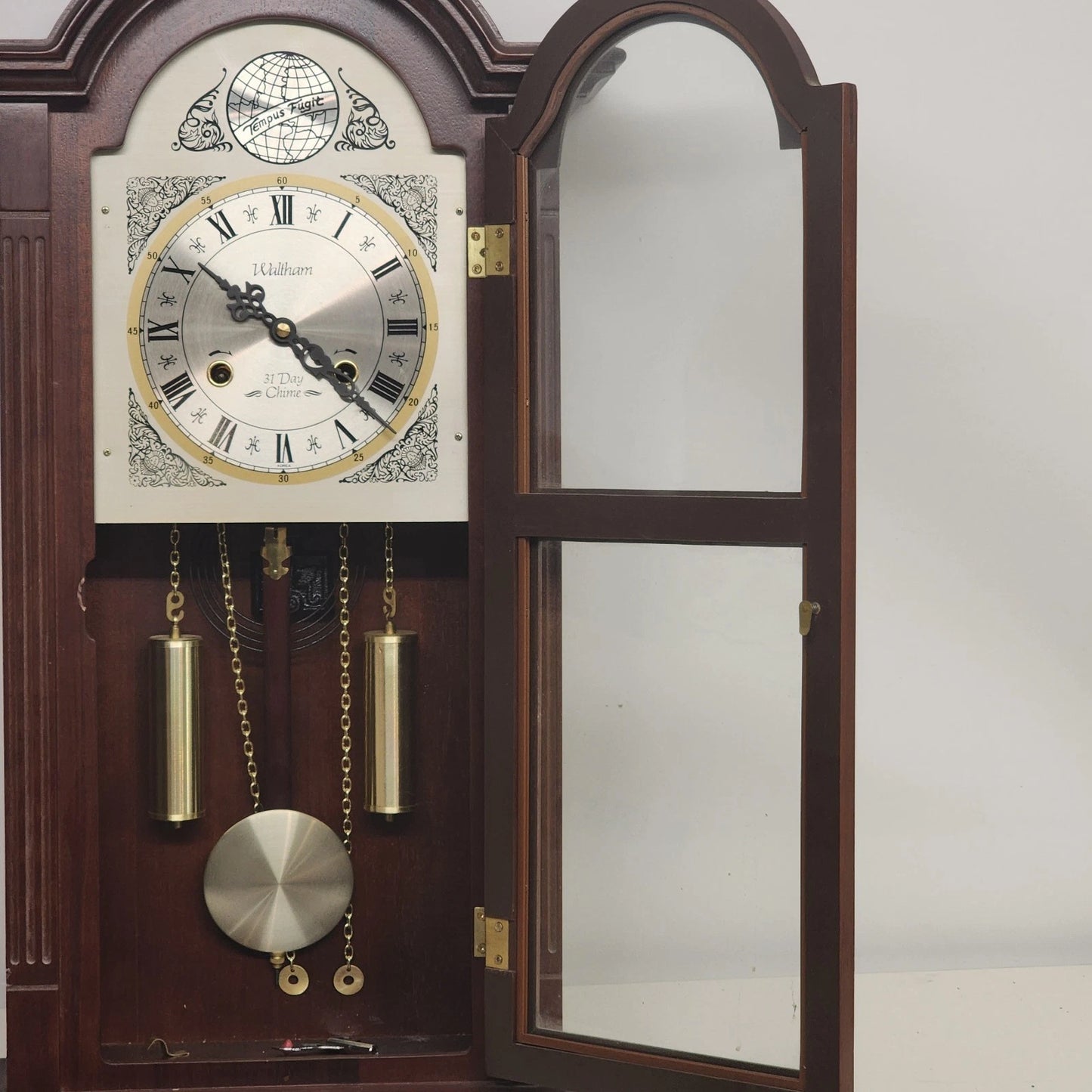 Waltham Tempus Fugit 31 Day Wall Clock Key Wind Pendulum Chime Wood 27.5" Vtg
