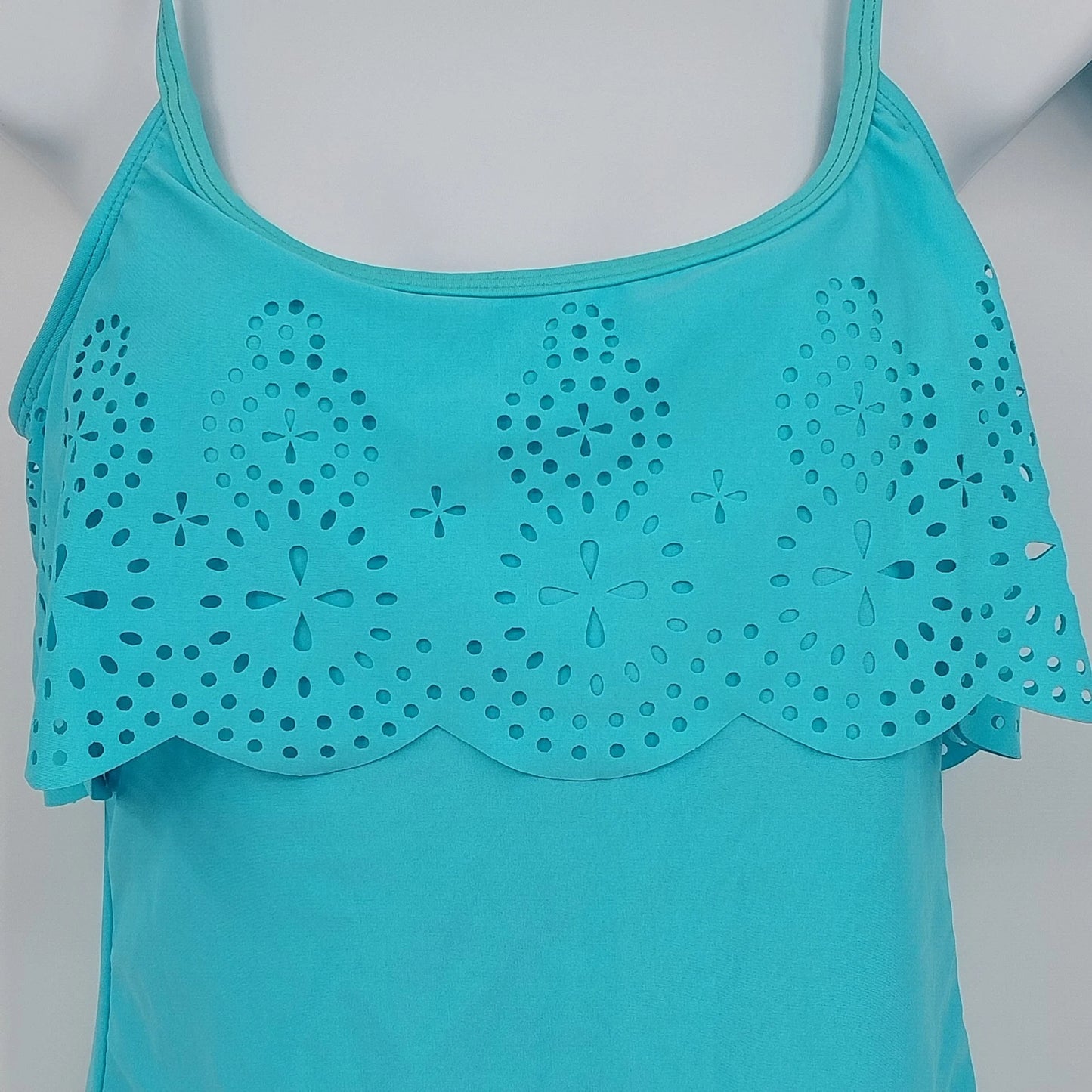 Capri Womens Tankini 2 Piece Swimsuit XL Turquoise Eyelet Lace Front Nylon Blend