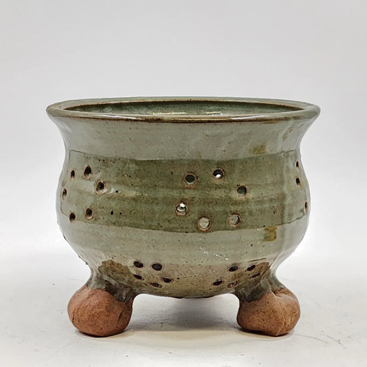 Handmade Pottery Berry Colander Strainer Green Studio Artisan Signed 7"