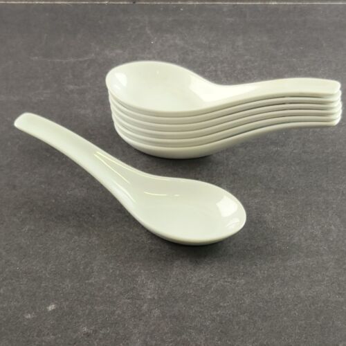 7 White Rice Soup Spoons Porcelain Asian Japanese Chinese No Design 5.5" L Vtg