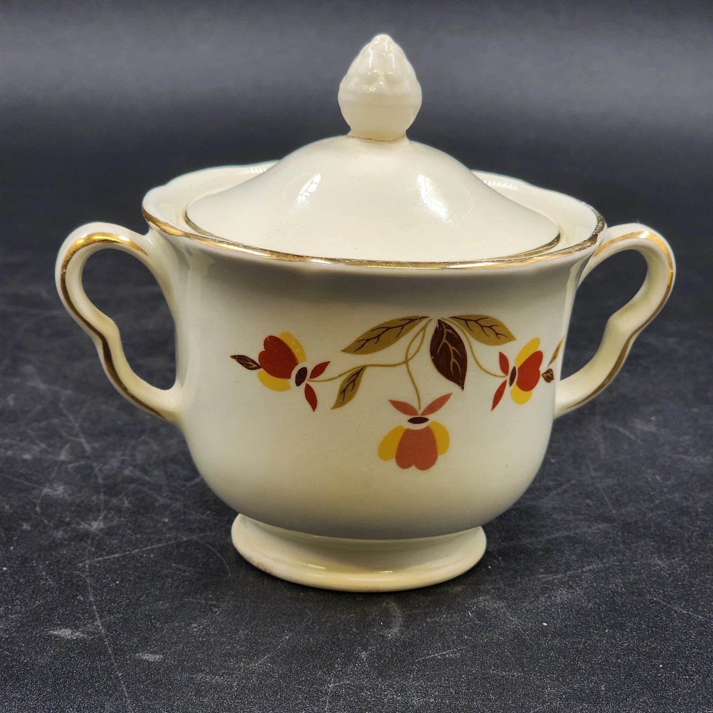 Autumn Leaf Sugar Bowl & Lid Ruffled D Hall's Superior Jewel Tea MCM Vintage