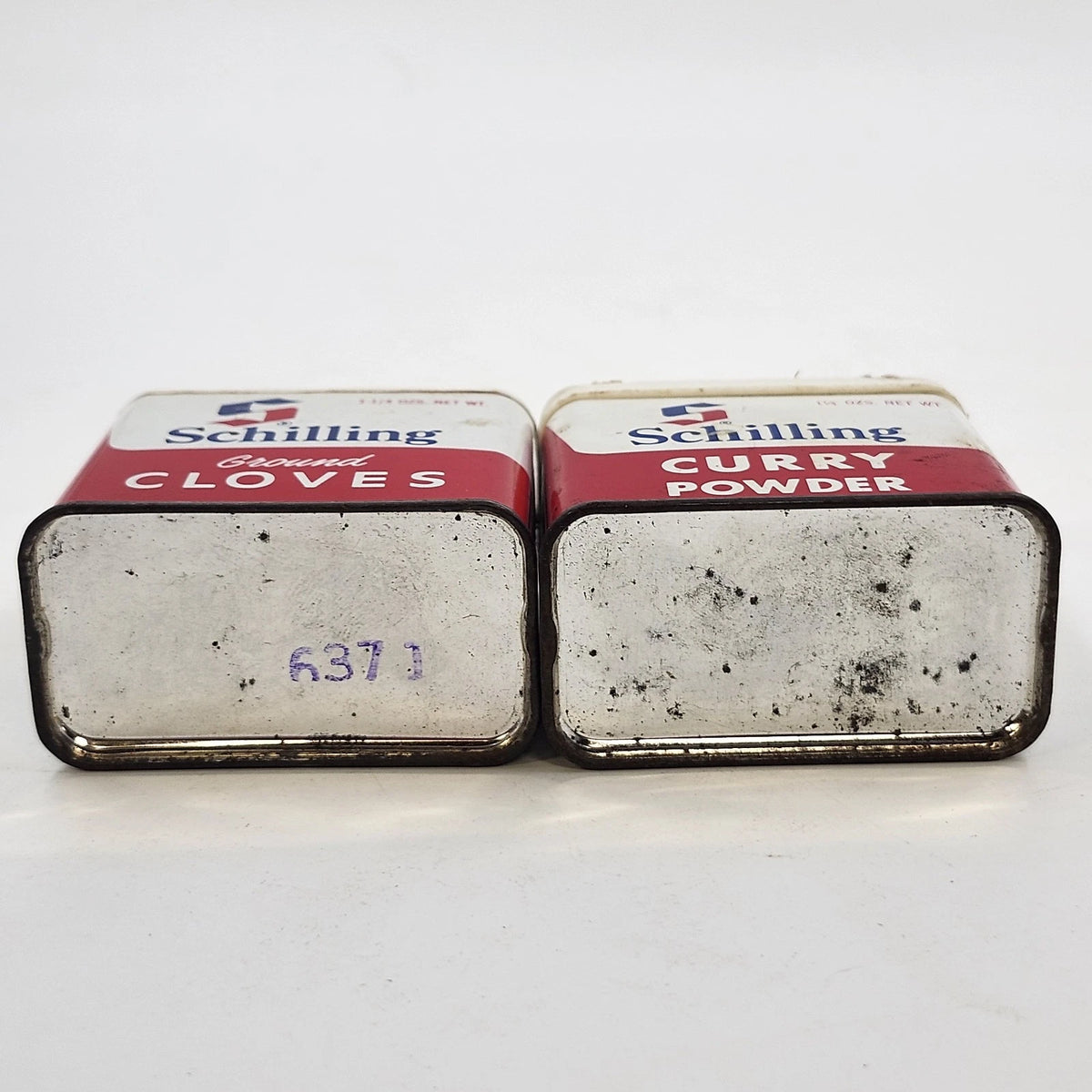 Schilling Ground Cloves Curry Powder 1.25 Oz Spice Tins Red White 2pc Vintage