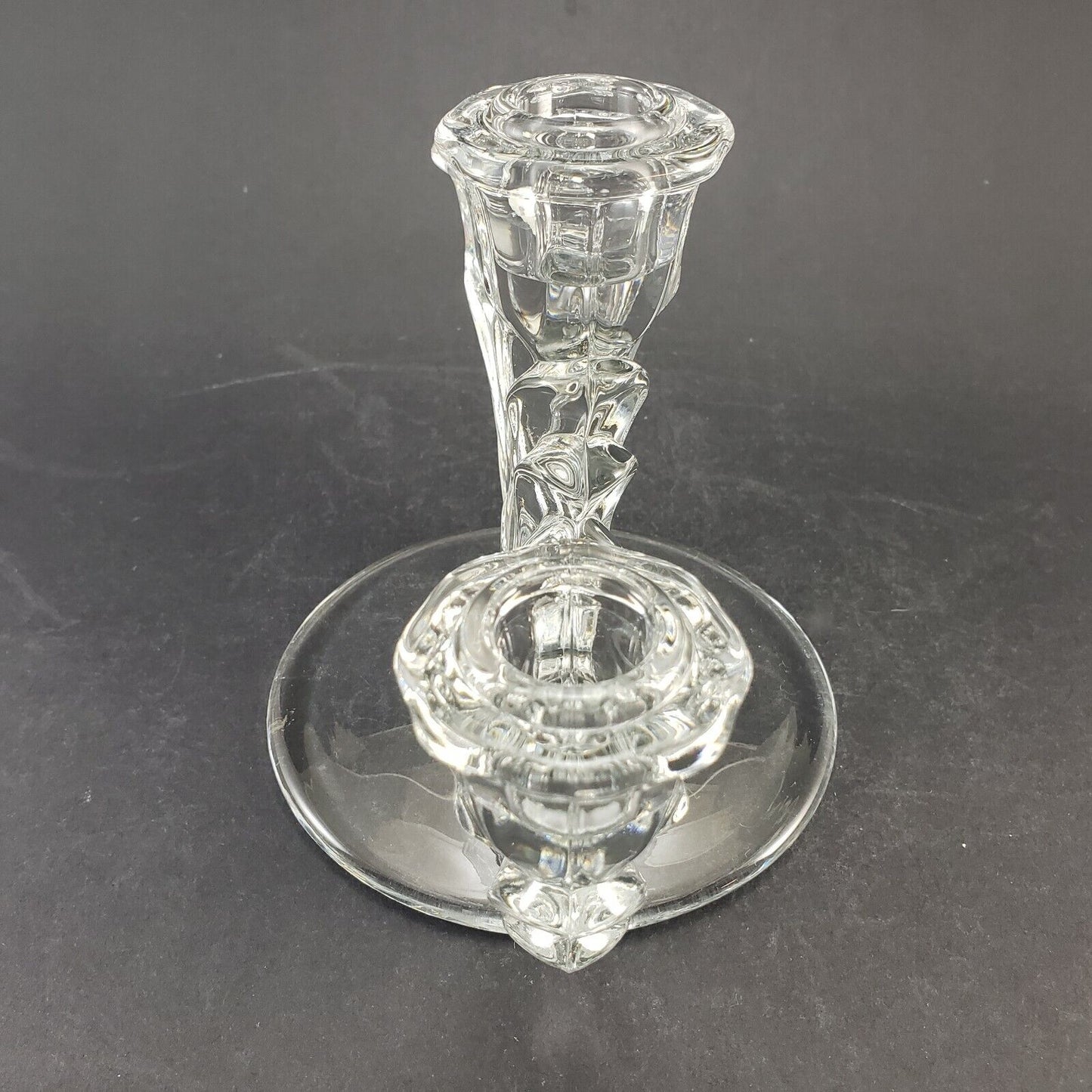 Fostoria Navarre Glass Triple Candle Holder Crystal Clear Base Art Deco Style