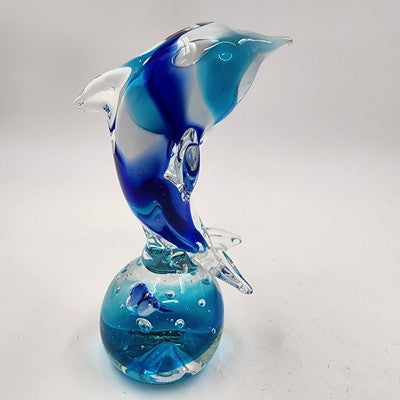 Art Glass Dolphin Figurine Leaping Over Cobalt Blue Ball 7" Paperweight