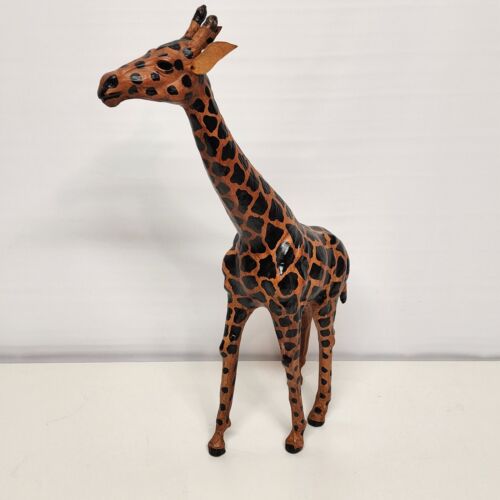 Leather Wrapped Giraffe Figurine Animal Vintage Large 18 Inch Tall Safari Décor