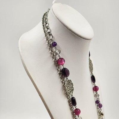 Silver Tone Chains w Multicolor Beads & Filigree Accents Double Strand Necklace