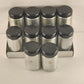 Spun Aluminum Salt Pepper 8 Named Spices and Rack Black Bakelite Lids W Germany