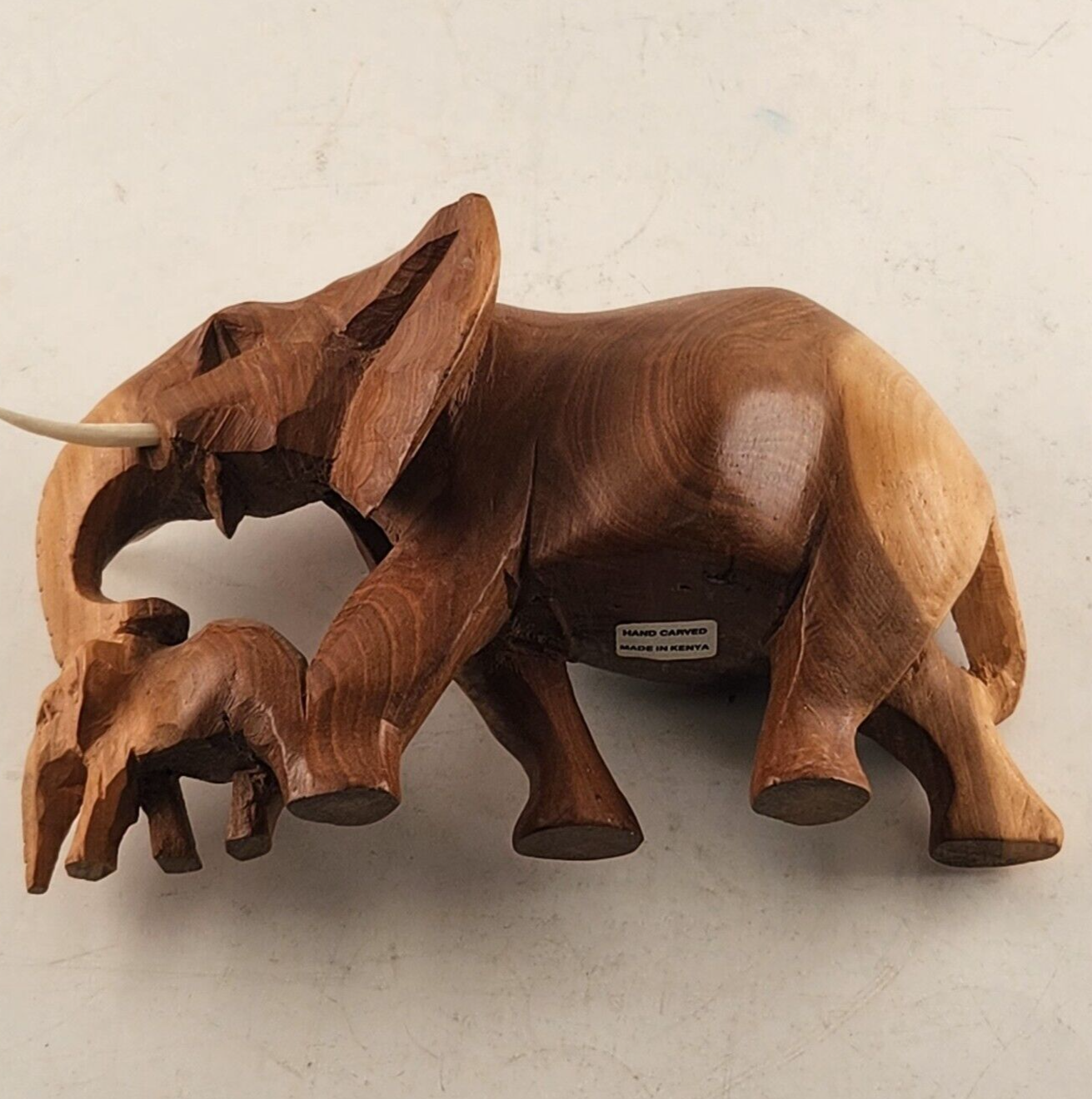 Hand Carved Wood Mother and Baby Elephant Figurine Removable Tusks Kenya 8" Long