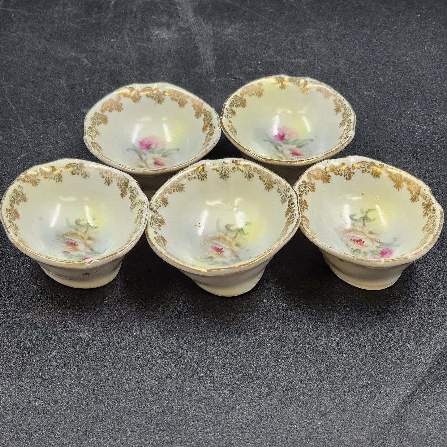 5 Salt Cellars Berry Bowls Floral Gold Gilt China Dresden Germany Pattern 52