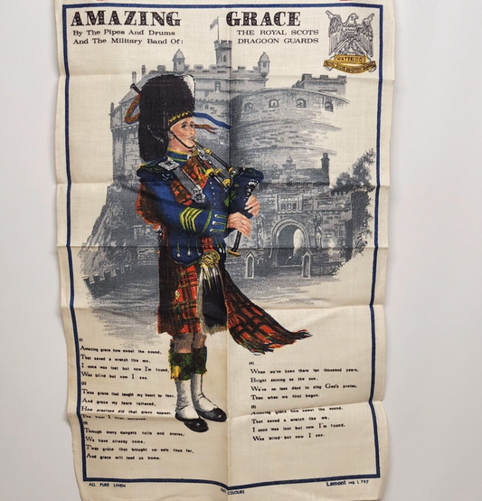 Lamont Irish linen Tea Towel Amazing Grace Royal Scots Dragoon Guards 30" VTG
