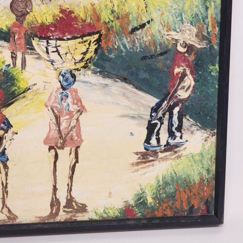 Original Haitian Oil Painting on Canvas Women Carrying Baskets Black Wood Frame