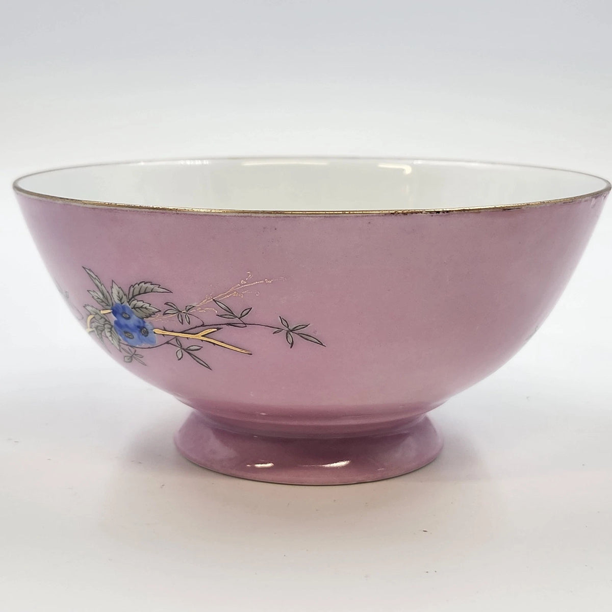Pink Porcelain Footed Bowl Birds Nest Blue Flowers Gold Trim 6.25" Kitchen