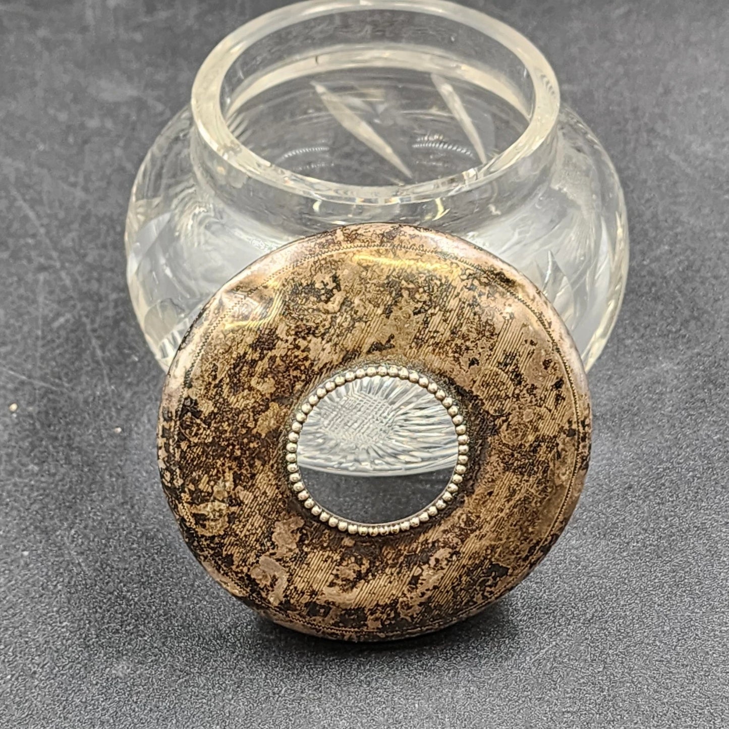 Antique Cut Crystal Hair Receiver Jar Silver Plate Lid 1920 Victorian Era