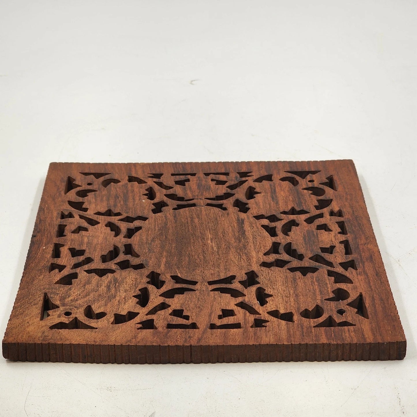 Hand Carved Wood Trivet 8" Square Gold Inlay Floral Leaves Design India Vintage