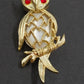 Gold Tone Owl Brooch White Faux Cabochon Body Red Rhinestone Eyes Branch Vintage