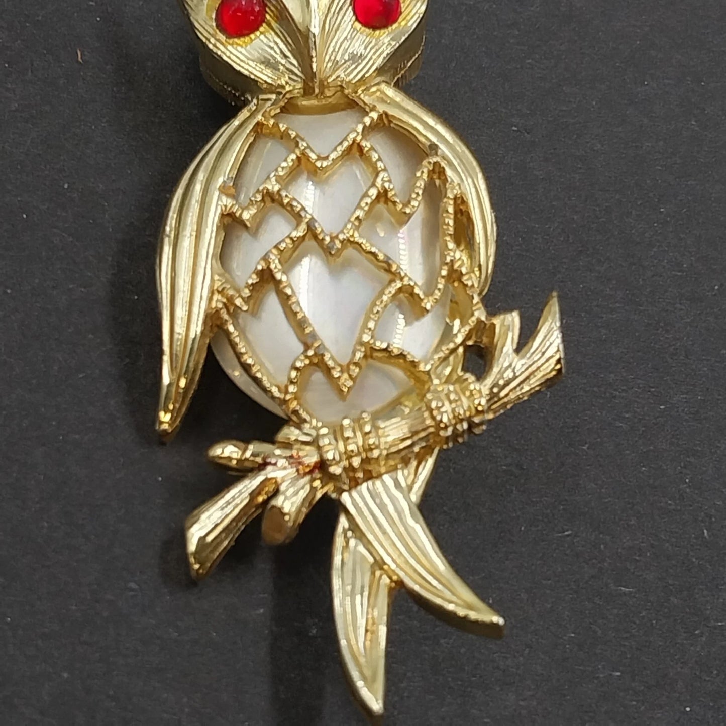 Gold Tone Owl Brooch White Faux Cabochon Body Red Rhinestone Eyes Branch Vintage