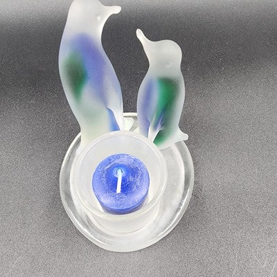 Partylite Frosted Glass Blue Green Two Penguin Candle Holder Votive Rack 5"x3.5"