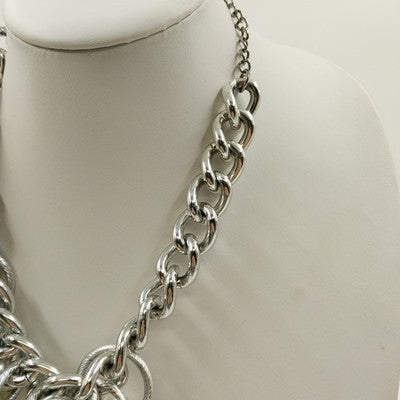 Plunder Knot Cord & White Faux Pearl Chunky Beaded Necklace Silver Tone Chain 8"