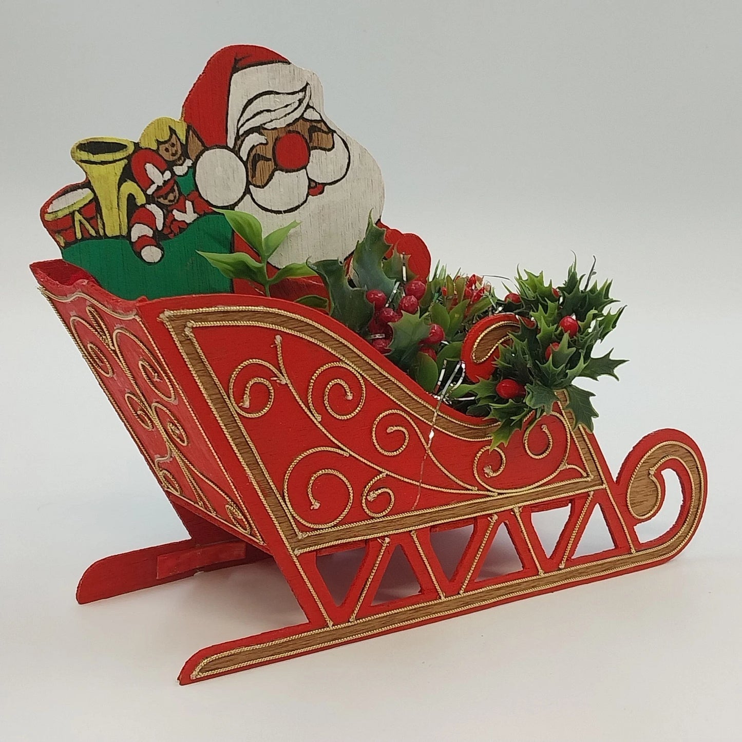 Santa Claus Wood Sleigh Card Holder Candy Bowl Pinecone Christmas 9" Centerpiece
