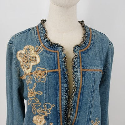 Country Door Denim Jacket 1X Women’s Blue Embroidered Long Sleeve Ruffled Hem