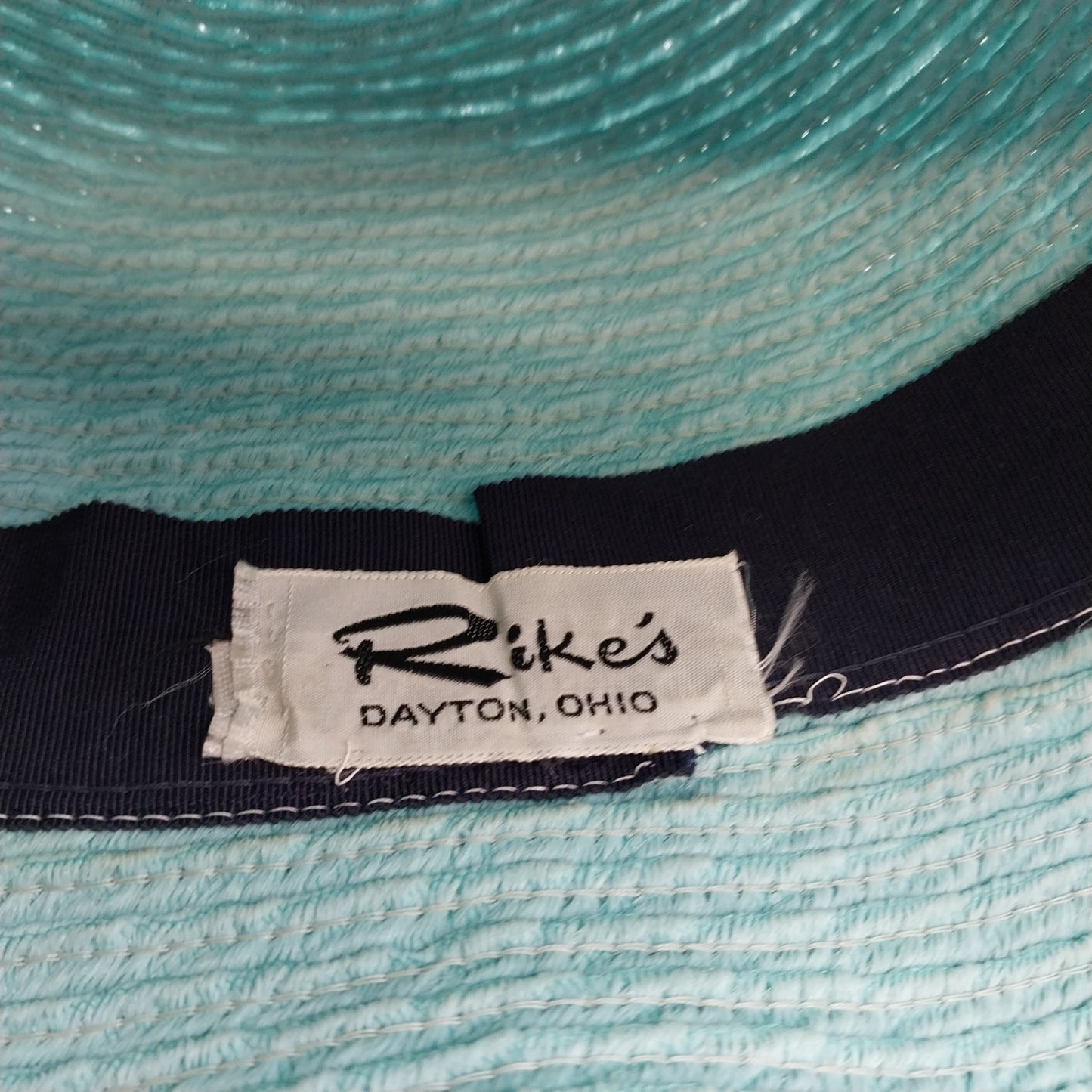 Rike's Light Blue Teal Woven Paper Straw Summer Hat with Black Ribbon Bow Accent