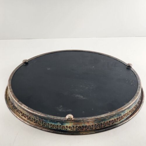 Reticulated Round Cocktail Serving Tray Black Formica Silver Plated 10.5" Vtg