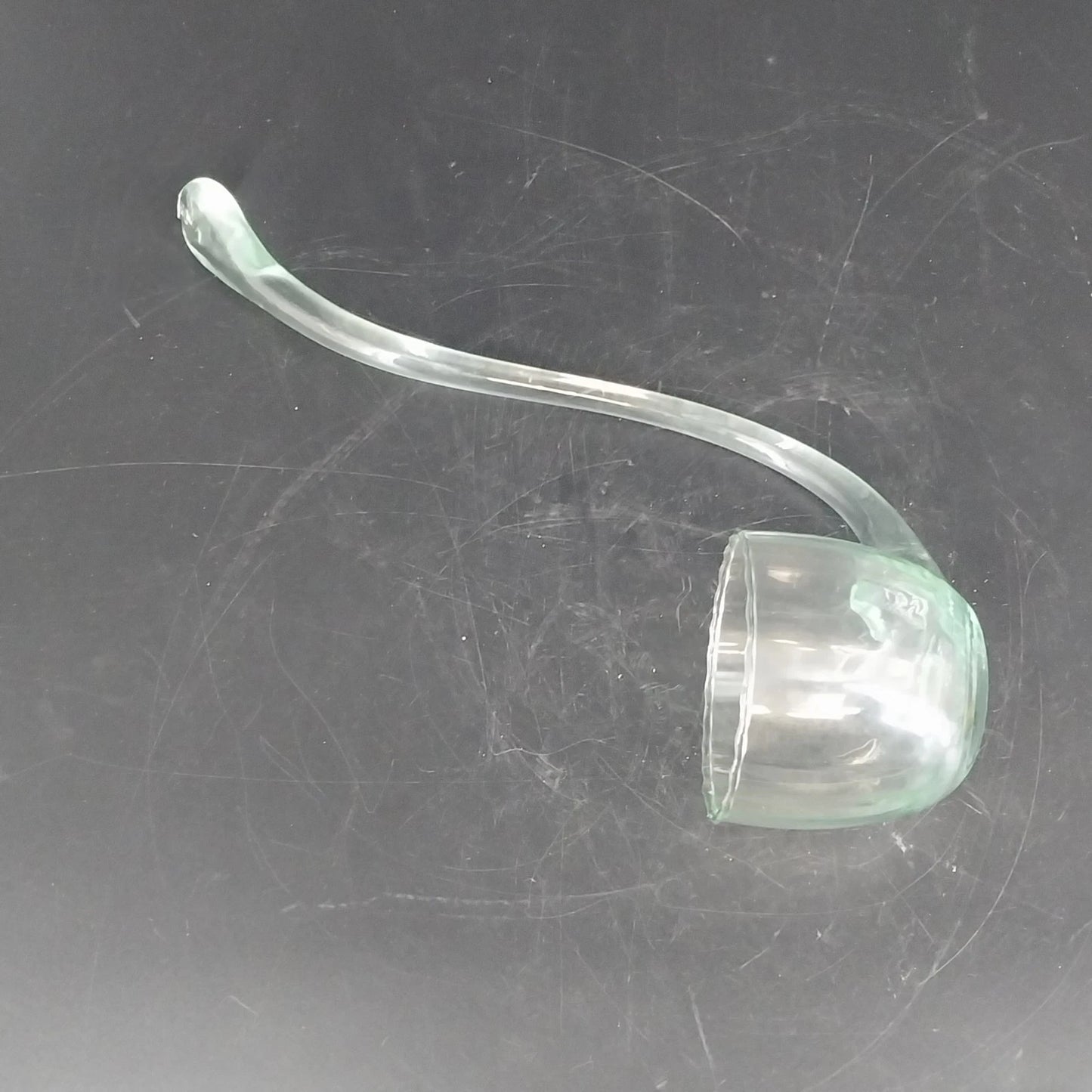 Hand Blown Glass Punch Bowl Ladle Green Tint Curved Handle 9in Large Dipper Vtg