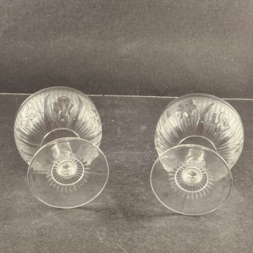 2 Jeanette Glass Iris & Herringbone Clear Stemmed Sherbet or Dessert Bowls