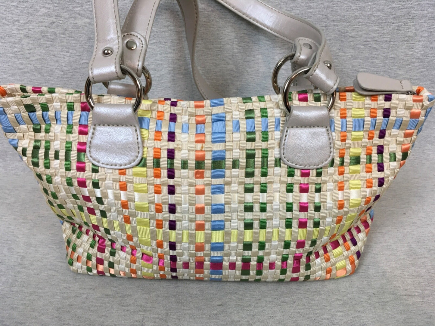 Lina Ribbon Weave Woven Silver Handbag Purse Zipper Zip Top Bag Boho Multicolor
