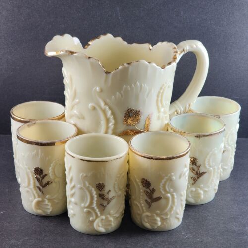 EAPG Northwood Louis XV Custard Glass Water Pitcher 6 Tumblers Gold Trim