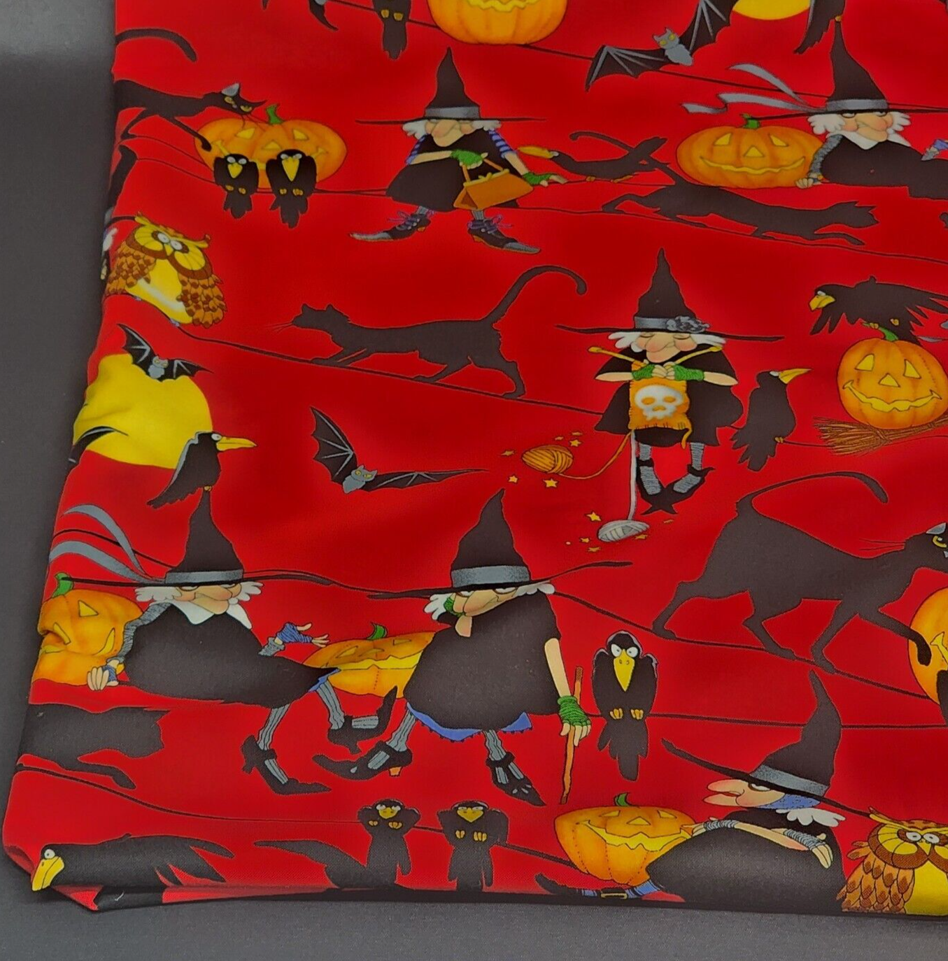 Red Black and Orange Halloween Themed Linen Tablecloth Vintage Witches Cats Bats